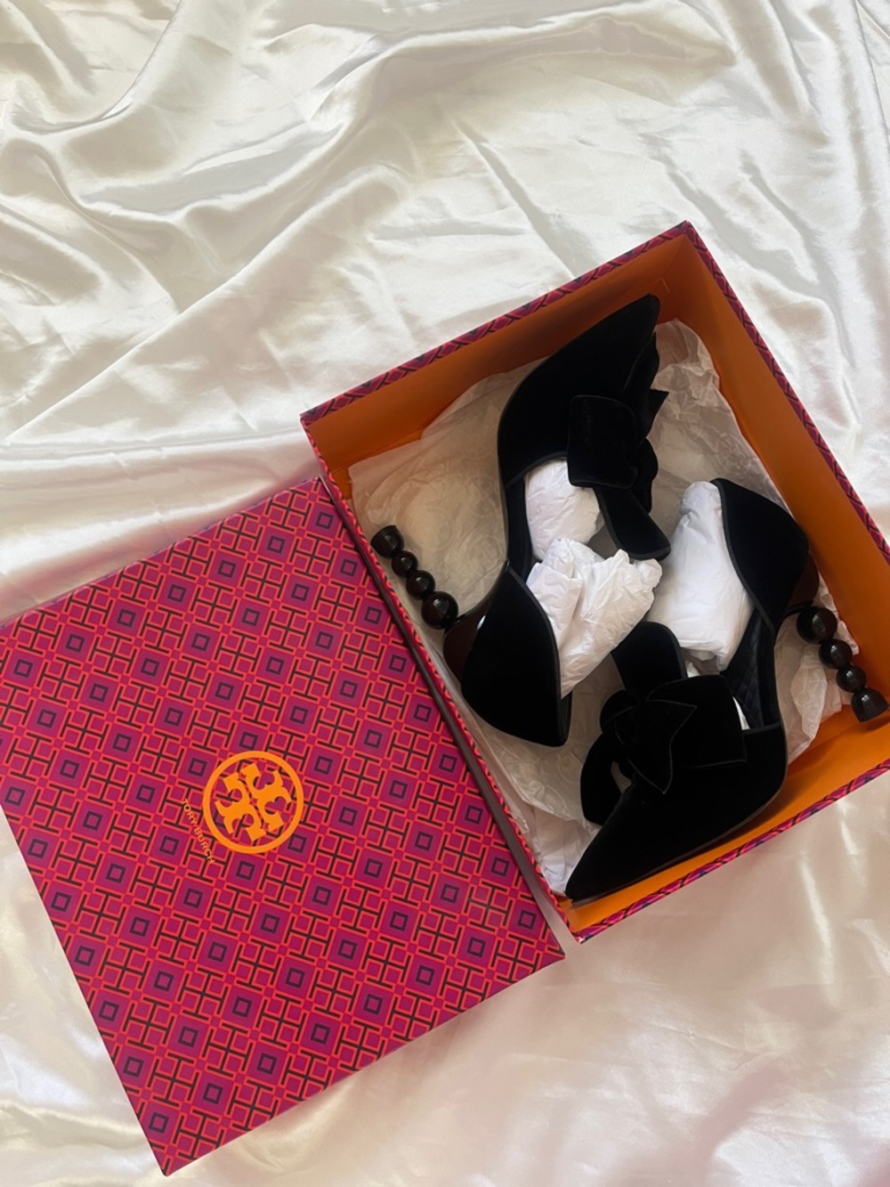 Tory Burch Black Velvet D'Orsay Pumps with Bow and Sculptural Bead Heel - Picture 8 of 9